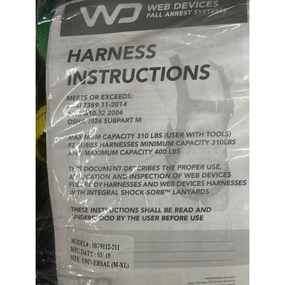 NEW Web Devices HL39112 Full Body Harness Fall Arrest 310lb  H39112 / Size: M-XL